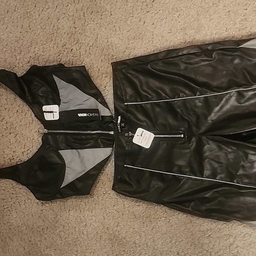 Fashion Nova Black and Silver Reflective Flare Pants Set - Picture 2 of 3